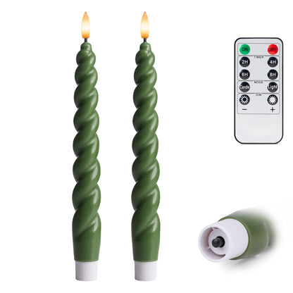 West Ivory Full Twisted Spiral Flameless LED Taper Candles – Loden Green, Set of 2 – 2/4/6/8-Hr Timer (24-Hr Memory), Remote, Dimmable, Bottom On/Off Button, Flicker/Steady, Battery Operated