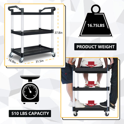 PELOEMNS Plastic Utility Carts with Wheels, Heavy Duty 510lbs Capacity Rolling Service Cart, 3-Tier Restaurant Food Cart with Hammer for Office, Warehouse, Garage (Lockable Wheels, Black)