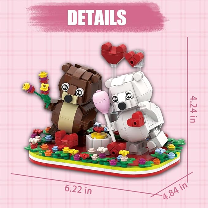 Valentines Brown and White Dancing Bear Couple Building Blocks Set Toy Valentine‘s Day Love Heart Ornament Gift Toy School Classroom Gift Exchange for Kids (Valentines Bears Set)