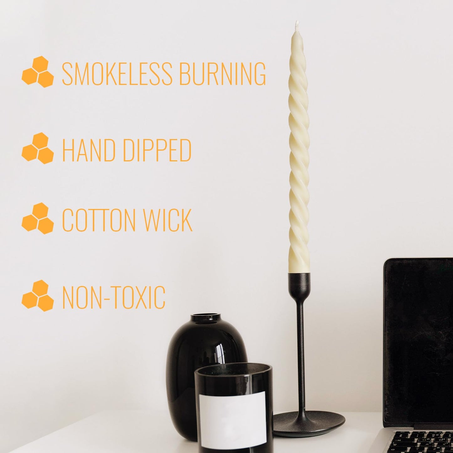 10 inch Beeswax Taper Candles Set of 8, Spiral Bees Wax Tapered Candle - 7 Hours Long Burning, Dripless Candles for Home Decor,Birthday Gift (Ivory)