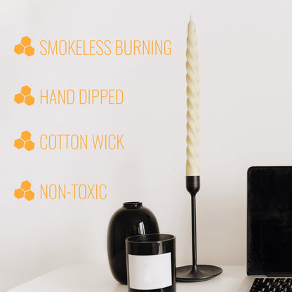 10 inch Beeswax Taper Candles Set of 8, Spiral Bees Wax Tapered Candle - 7 Hours Long Burning, Dripless Candles for Home Decor,Birthday Gift (Ivory)
