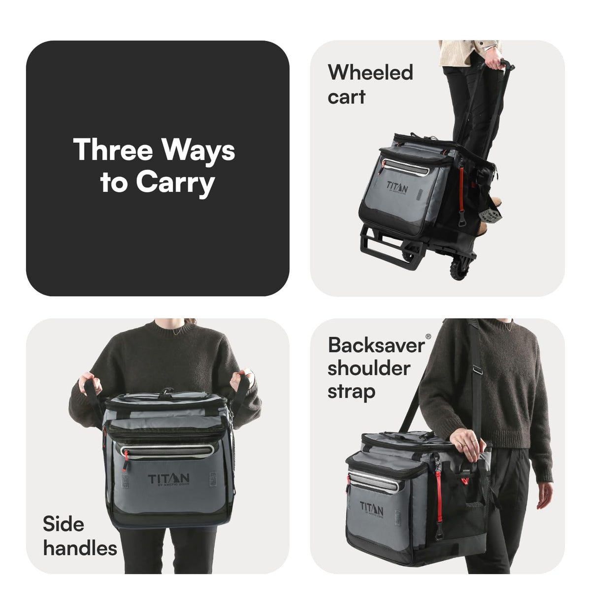 Titan by Arctic Zone Collapsible Wheeled Soft Sided Cooler with Detachable Rolling AT Cart, Insulated Bag with Leak Proof Lining, for Travel, Beach, Picnic, 60 Can Capacity, Sharkskin Grey