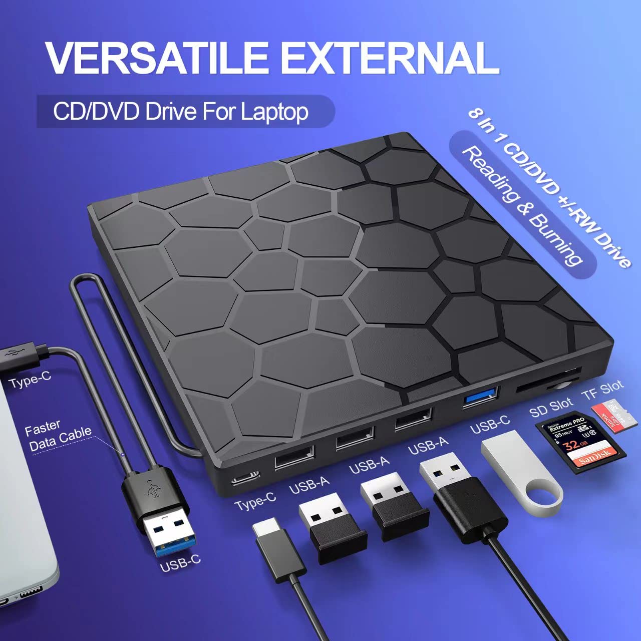 External CD/DVD Drive for Laptop, DVD Player for Laptop, 8 in 1 USB 3.0 Ultra-Slim Portable, CD Burner External Disk Drive Optical Compatible with Desktop Mac,Windows 11/10/8/7 Linux