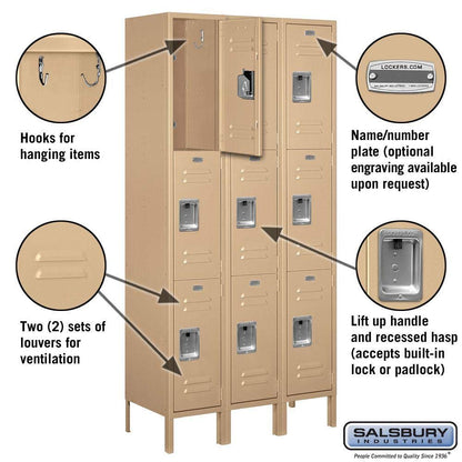 Salsbury Industries 63365TN-U Triple Tier 36-Inch Wide 6-Feet High 15-Inch Deep Unassembled Standard Metal Locker, Tan Brown