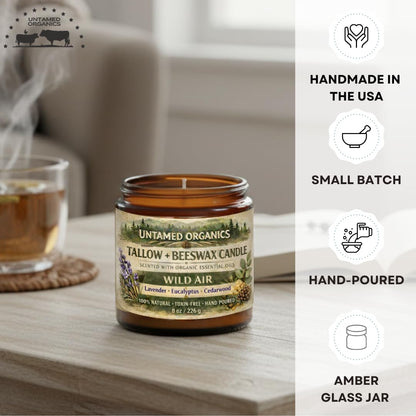 Untamed Organics Grass-Fed Tallow Candle, Essential Oil Scented (Lavender Eucalyptus Cedarwood), No Synthetic Fragrance, Non-Toxic, 100% Cotton Wick, Hand Poured, 8 oz Amber Glass Jar, 50+ Hr Burn
