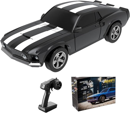 1/64 Scale Drift RC Car2.4Ghz Mini Sports CarEquipped with LED Lights and Mustang Retro Cars with Built-in GyroscopeProfessional Rear Wheel Drive30 Minute Driving Time (Black)