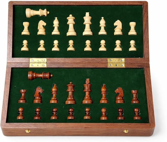 | Personalized Wooden Chess Set | Magnetic Folding Travel Chess Board with Storage &amp 2 Extra Queens (18 x 18 Inch Brown)