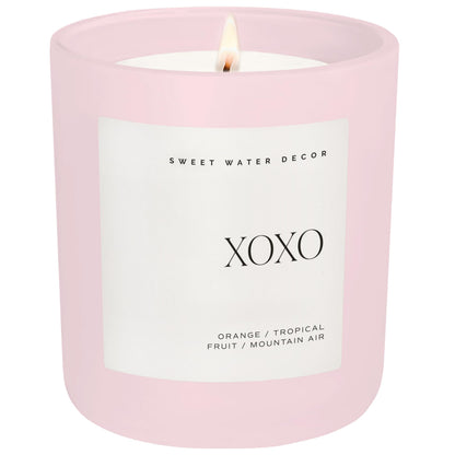 Sweet Water Decor XOXO Scented Candles - Soy Candles with Tropical Fruits, Lemons & Redolent with Lightly Exotic Mountains Greens - Candle Wax with 70 Hours Burn Time - 15Oz Pink Matte Jar Candles