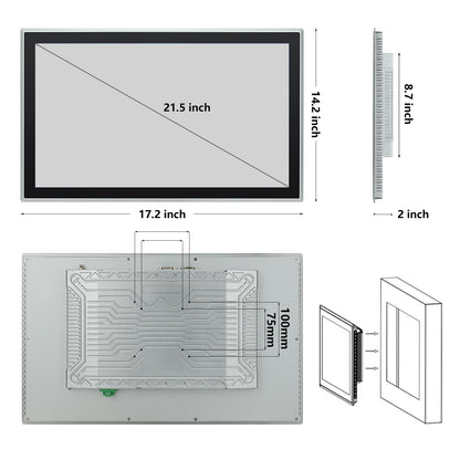 TouchWo 21.5 inch Industrial Embedded Touchscreen Monitor, Capacitive Multi-Touch Screen Industrial Front IP65 Monitor Built-in Speakers, HD-MI in, USB, VGA, 16:9 1920x1080 Display