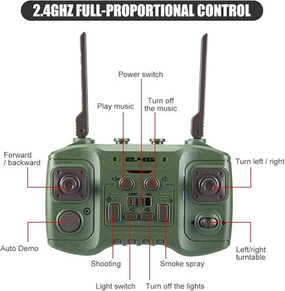RC Tank that Shoots for Kids - 2.4Ghz Remote Control Army Tank Toys with Auto Demo Sound Light Smoke - 13 Channel Military Vehicles Model Gift for Adults Boys Age 6-8 9-12 Army Green