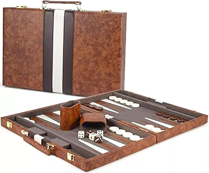 15inch Backgammon Set Classic Folding Board with Leather Case Portable Travel Game Ideal Gift Package for Strategy Lovers