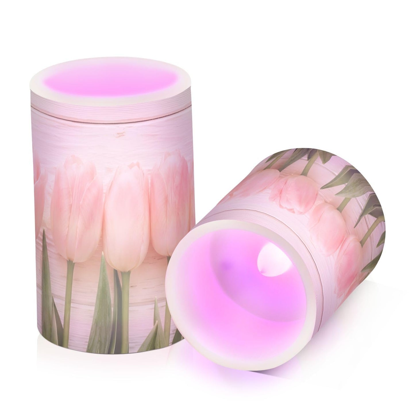 Lights Flameless Candles Spring Pink Tulip Flower Pillar Candles Set of 2 Battery Operated Remote Control Warm Lights Home Decor
