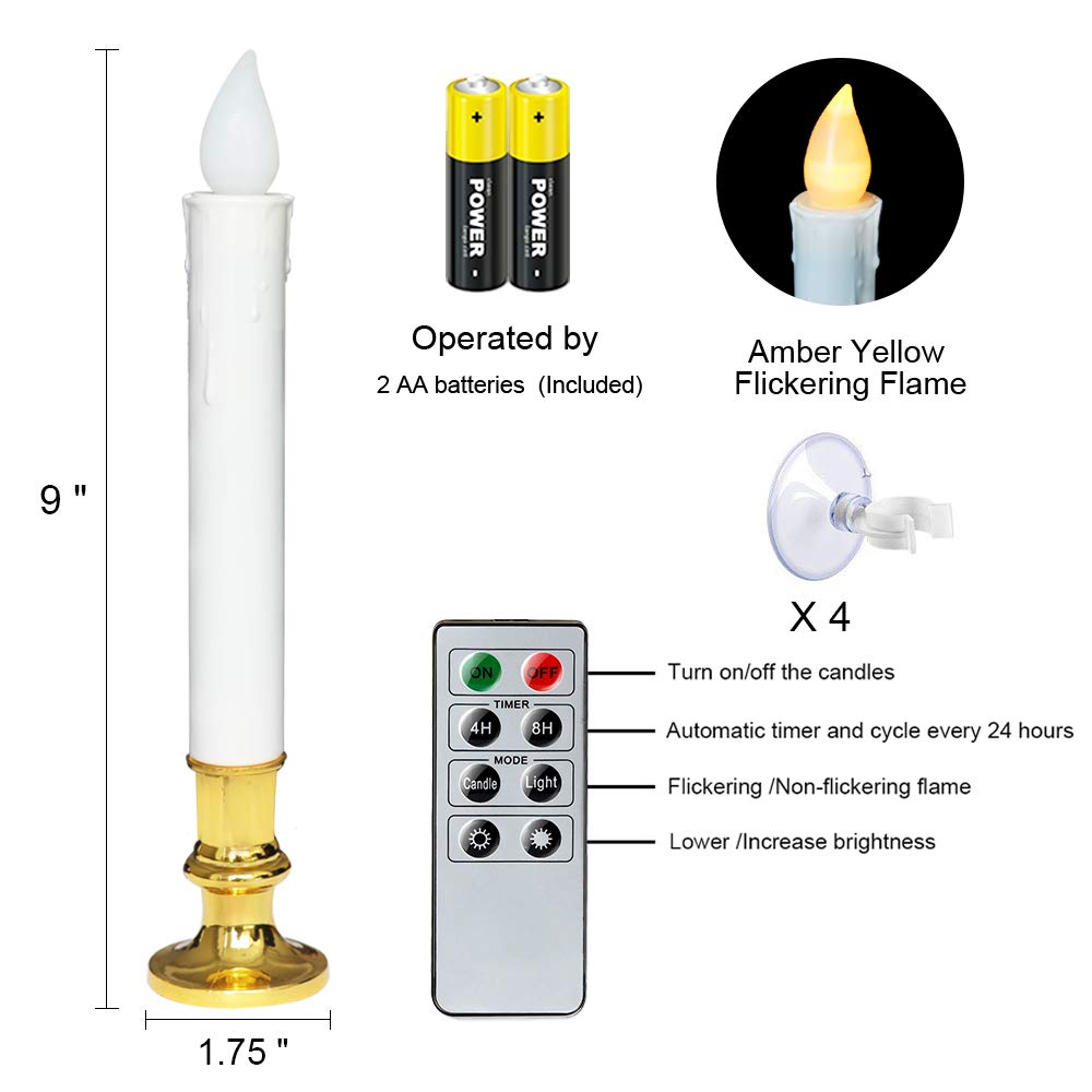 Wondise White Flameless Window Candles with Remote and Timer, Battery Operated Flameless Flickering Window Candles with Gold Holders and Suction Cups Christmas Window Decoration(9”, Set of 4)
