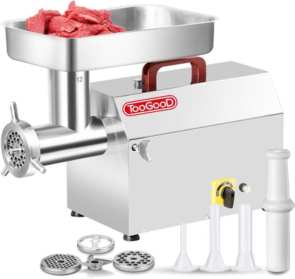 TOOGOOD #22 Commercial Meat Grinder, Heavy Duty Electric Meat Grinder Stainless Steel, 1 HP 1100W Sausage Stuffer with 4.5mm/10mm Grinding Plates, Sausage Tubes & Meat Stomper