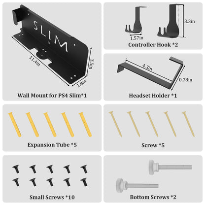 Wall Mount for PS4 Slim with Detachable 2 Controller Holder & Headphone Hanger, Metal Stealth Wall Mount Stand for Playstation 4 Slim
