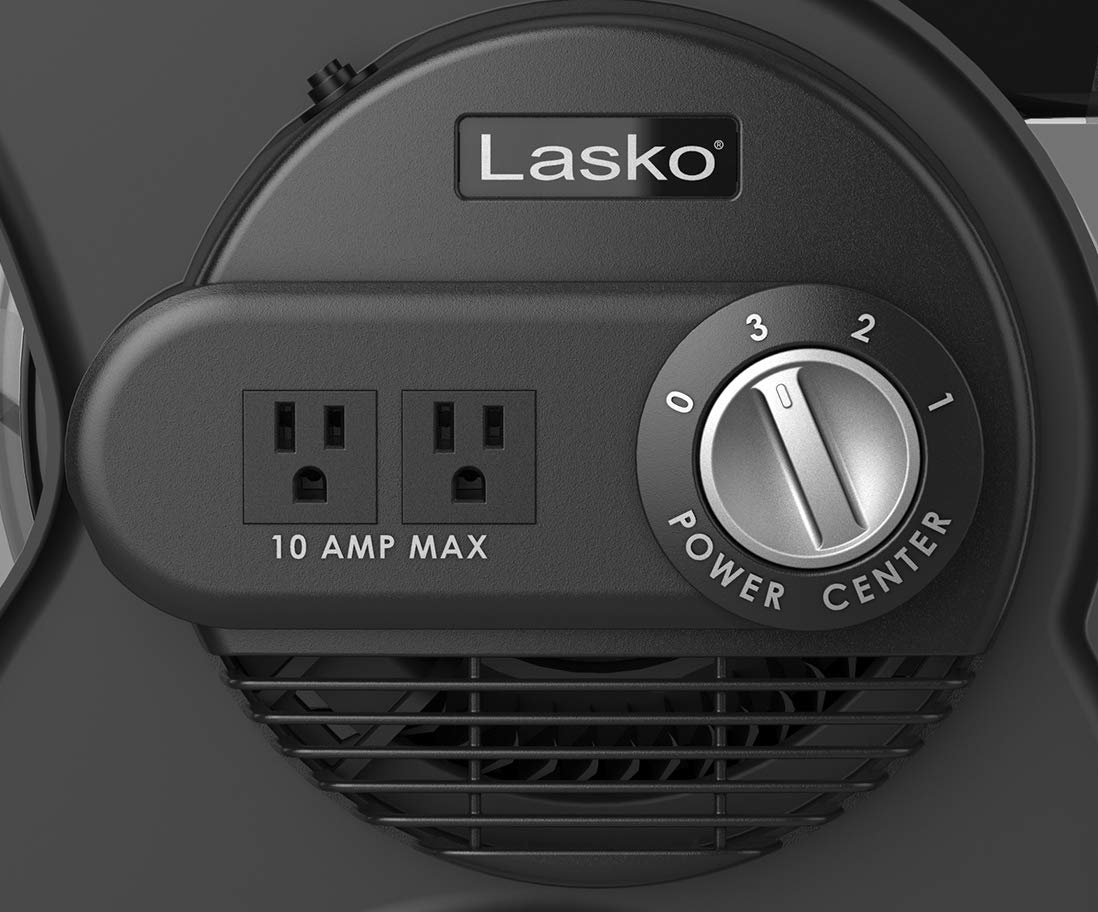 Lasko Portable Utility Fan, 12” 289 CFM Pivoting High Velocity Air Mover Blower Fan, 3 Speeds, 2 Accessory Outlets 120V, Black, U12104