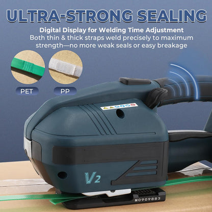 Flyrivergo Electric Strapping Machine 2 x 4000mAh Battery, Automatic Strapping Tool Banding Machine for 1/2-5/8in PP PET Straps Digital Display Tensioner Kit for Warehouse Pallet & Box Packaging