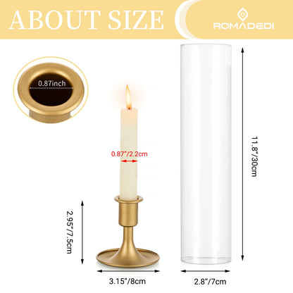 Romadedi Hurricane Candlestick Holders Gold - Taper Candle Holders Tall Clear Glass Cylinder for Wedding Table Centerpieces Party Decor Birthday Christmas Home Decorations Set of 2