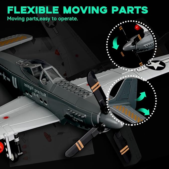 Air Force Series P-51 Mustang Fighter Airplane Military Building Set Adult Gift Compatible with Lego (258 Pieces)