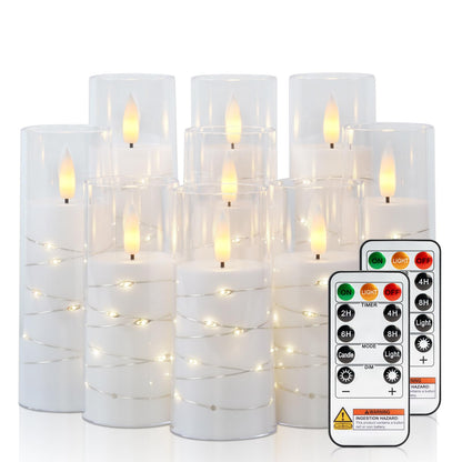 Raycare Flameless Candle with Remote Timer – 9 Flickering Acrylic Battery Operated LED Pillar Candles with Embedded Star String for Christmas, Wedding, Home Table Decor, and as a Gift (White)