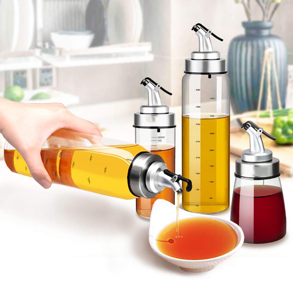 Olive Oil Dispenser Bottle, Liquid Condiment Container, 10 Oz Vinegar Dispensing Cruets With Dripless Capped Spout, Glass Decanter for Kitchen with Degree Scale
