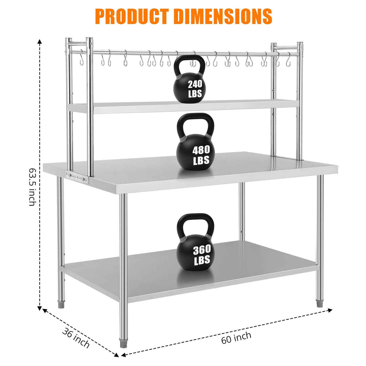 BouPower 60" x 36" Stainless Steel Table with Shelves, Commercial Work Table with 2-Tier Adjustable Overshelves, Heavy Duty Metal Prep Tables for Commercial Kitchen Restaurant Garage Warehouse