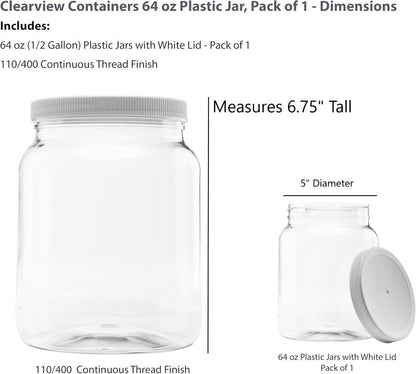 CLEARVIEW CONTAINERS Plastic Storage Jars with Leak Proof Lids, BPA Free, Hand Wash Only (64oz, 1PK White)