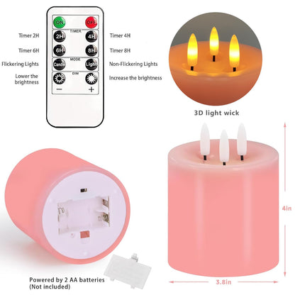 Large 3 Wick Flameless Candles Set of 2, 4"x4" Flickering Flameless Candles with Remote & Timer, Dimmable Real Wax LED Candles Battery Operated, Pink Pillar Candles for Wedding Valentine's Day Decor