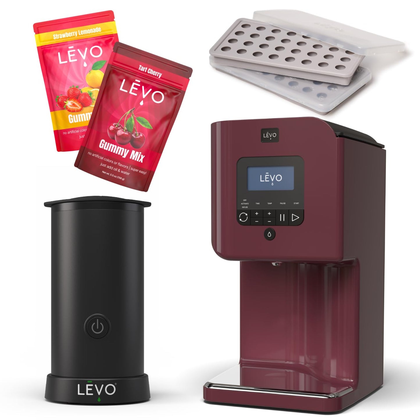 LEVO II+ Infuser & Gummy Mixer Bundle – Infused Gummy Making Kit with Candy Molds, Cherry Gummy Mix, Strawberry Lemonade Gummy Mix - Mulberry Red