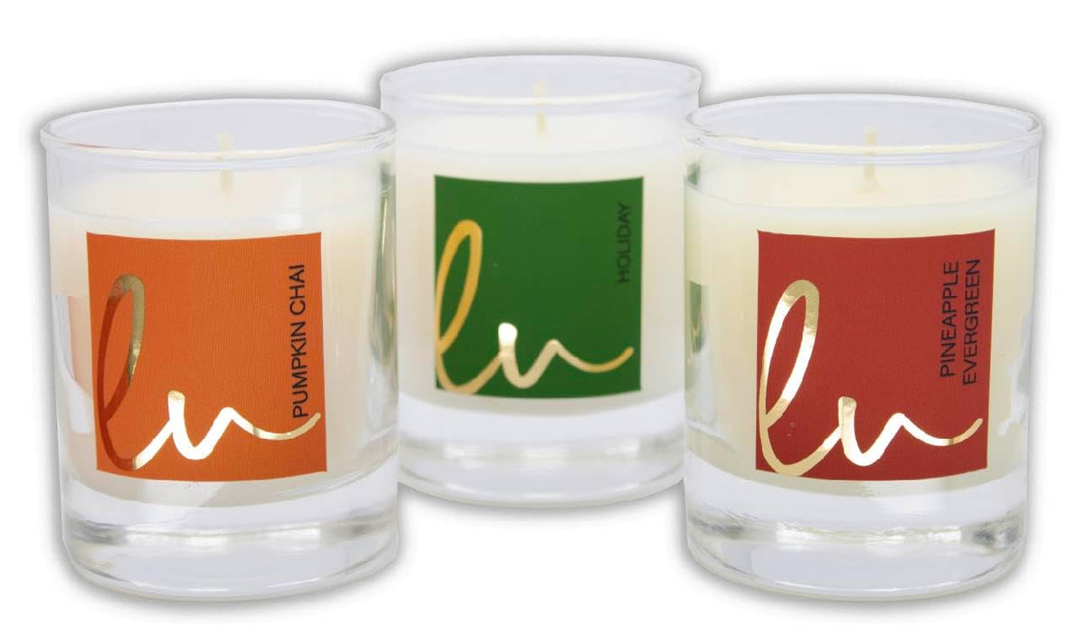 Lulu Candles | Holiday, Pineapple Evergreen, Pumpkin Chai | Luxury Scented Soy Jar Candle | Hand Poured in The USA | Highly Scented (Holiday Gift Set - 3 PC, 2.7 Oz. Votives)