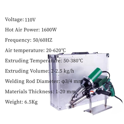 1600W Hand Extrusion Welder Gun Plastic Handheld Extruder Welding Gun Dual Heating System PP HDPE LDPE Pipe Welding Machine (110V Extruder)
