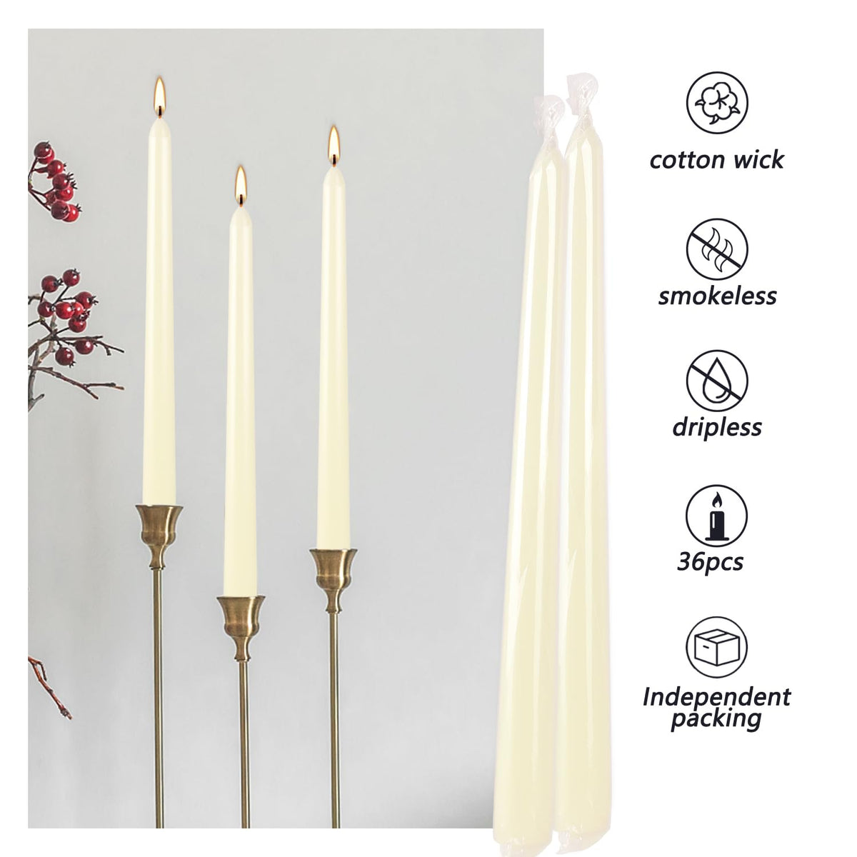 YOROXRG 36 Pack Ivory White Taper Candles, 7-8 Hours Burn Time, Unscented, Smokeless and Dripless, 0.8 x 10 Inch Dinner Candle Set for Household, Wedding, Party and Home Décor Candlesticks