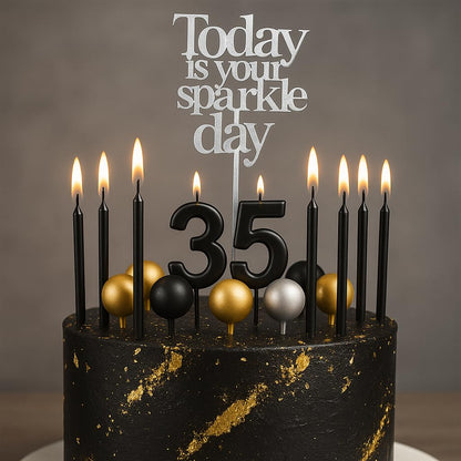 by Tugba Aydan - 33 Pcs Black Birthday Candle Set with Number Candles 0–9, Metallic Long Candles, Ball & Text Toppers – Complete Cake Decoration Kit for Kids & Adults Birthday Party