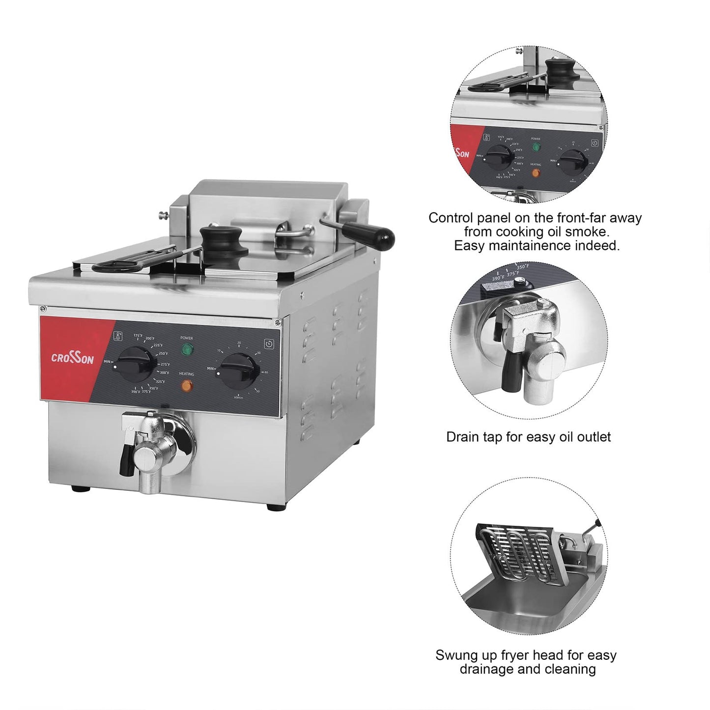 CROSSON 6L Electric Countertop Deep Fryer Extra Large with Drain,Timer,Basket and Lid for Restaurant Use 120V,1800W Commercial Deep Fryers