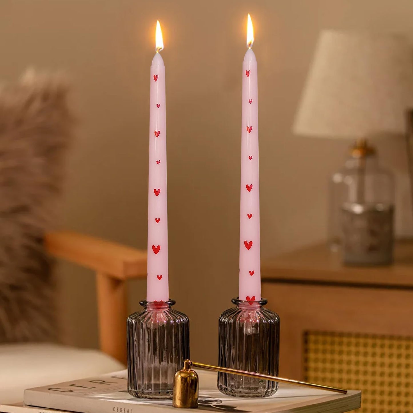 Taper Candles 10 Inch Print Candle Handmade Unscented Red Heart Long Candles 2 Pack Twisted Candlesticks for Wedding Home Decoration Gifts