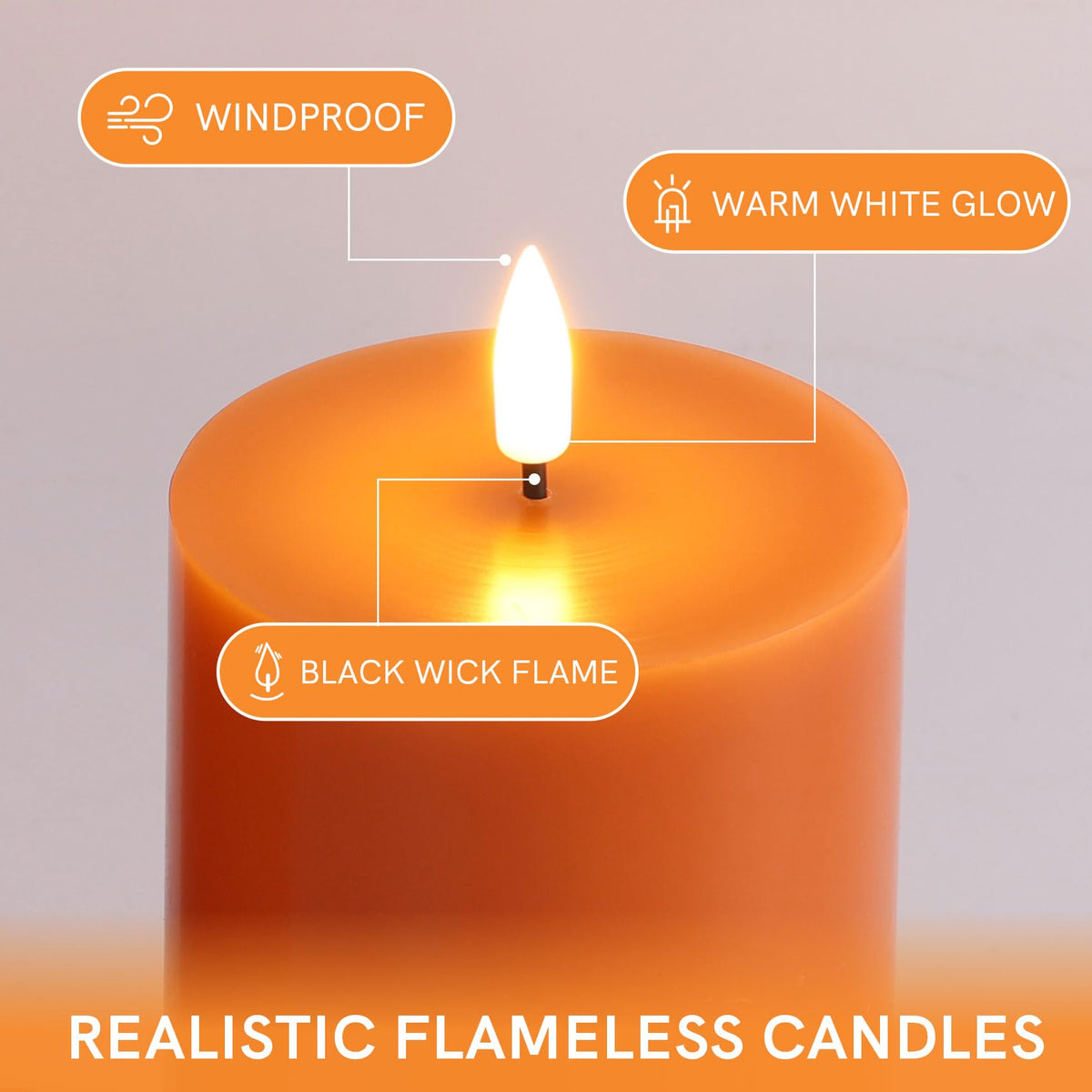 Eywamage Orange Flameless Pillar Candles with Remote, Flickering LED Wax Candles Battery Operated Set of 3