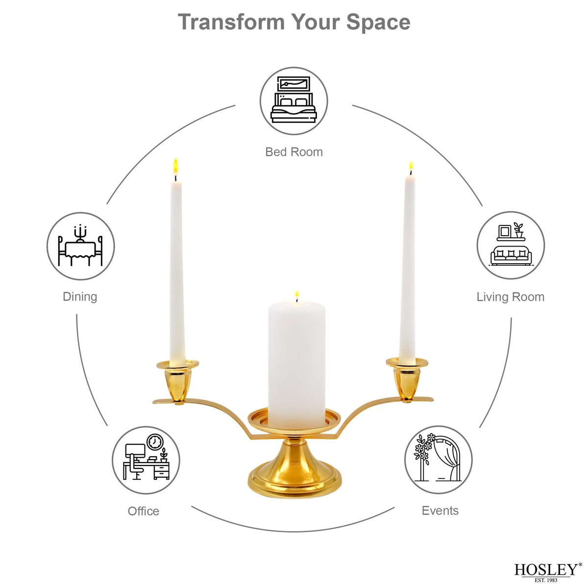 Hosley Gold Metal Unity Candle Holders for Wedding Ceremony Set. Unity Center with Two Taper Candle Holders
