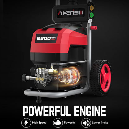 AMERISUN Electric Pressure Washer, Max 2800 PSI, 2.0 GPM, 5 Spray Tips + Foam Tank, Upright Power Washer with 8" Wheels & GFCI Plug for Car, Driveway, Fence & Outdoor Surfaces