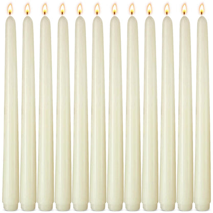 12-Pack Ivory Taper Candles, 10 Inch Unscented Dripless Candlesticks, Long-Lasting Burn Time of 7-8 Hours, Perfect for Home Décor, Weddings, and Events