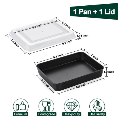P&P CHEF Toaster Oven Pan with Lid, Nonstick Cake Lasagna Pan Rectangular Tray for Baking Roasting Storing, Stainless Steel Core & Plastic Cover, Oven & Freezer Safe, (9.4 Inch, 2Pcs)