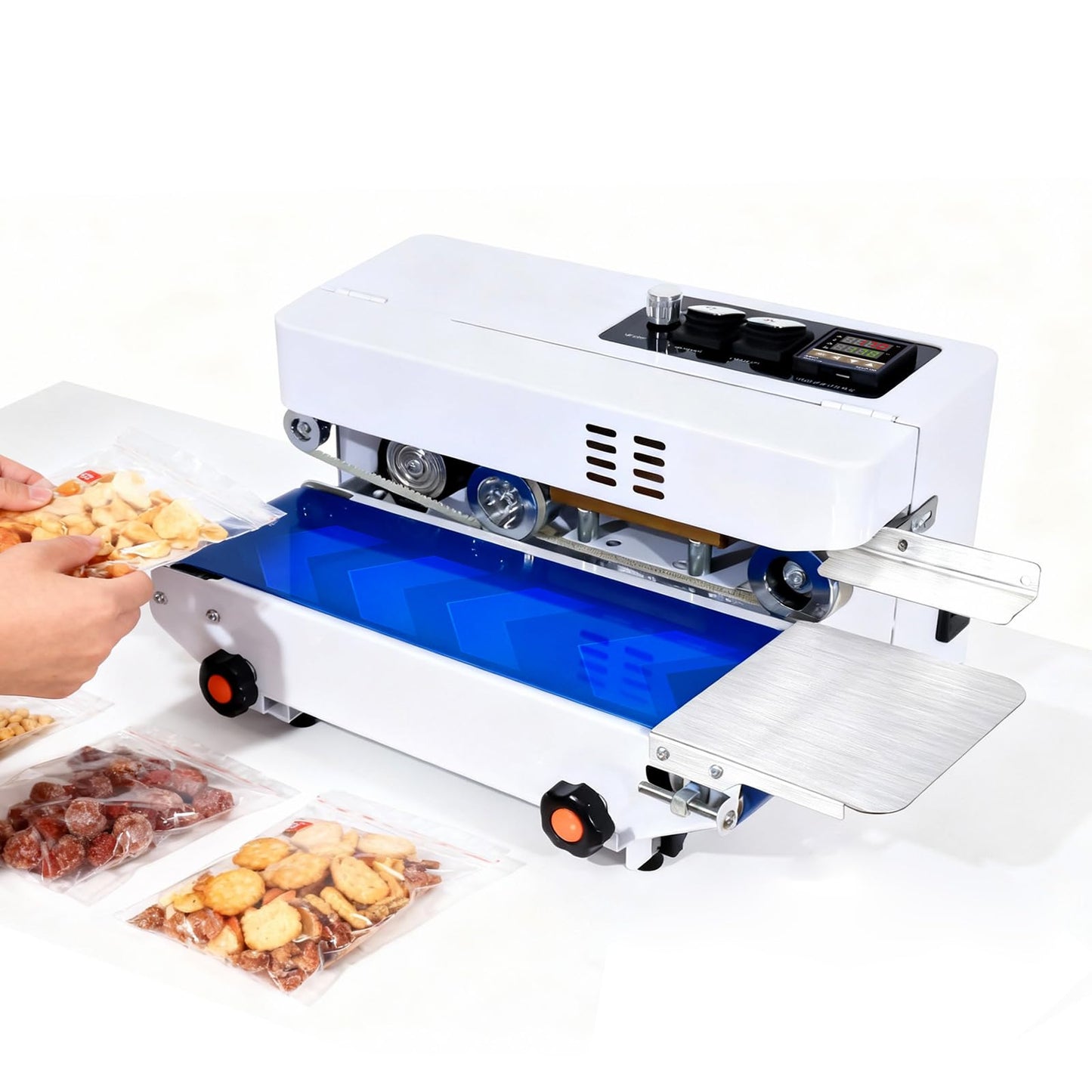 Minssine Commercial Heat Sealer Machine, Automatic Continuous Bag Band Sealing Machine with Digital Temperature Control, Adjustable Speed, Desktop Bag Sealer for Plastic Bags Films (110V/60HZ)