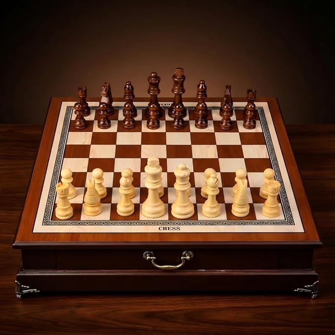 14.6-Inch Wooden Chess Set with Drawer Storage – Handmade Chess Board with 2 Extra Queens Elegant Home Decor and Strategy Game for Adults &amp Beginners