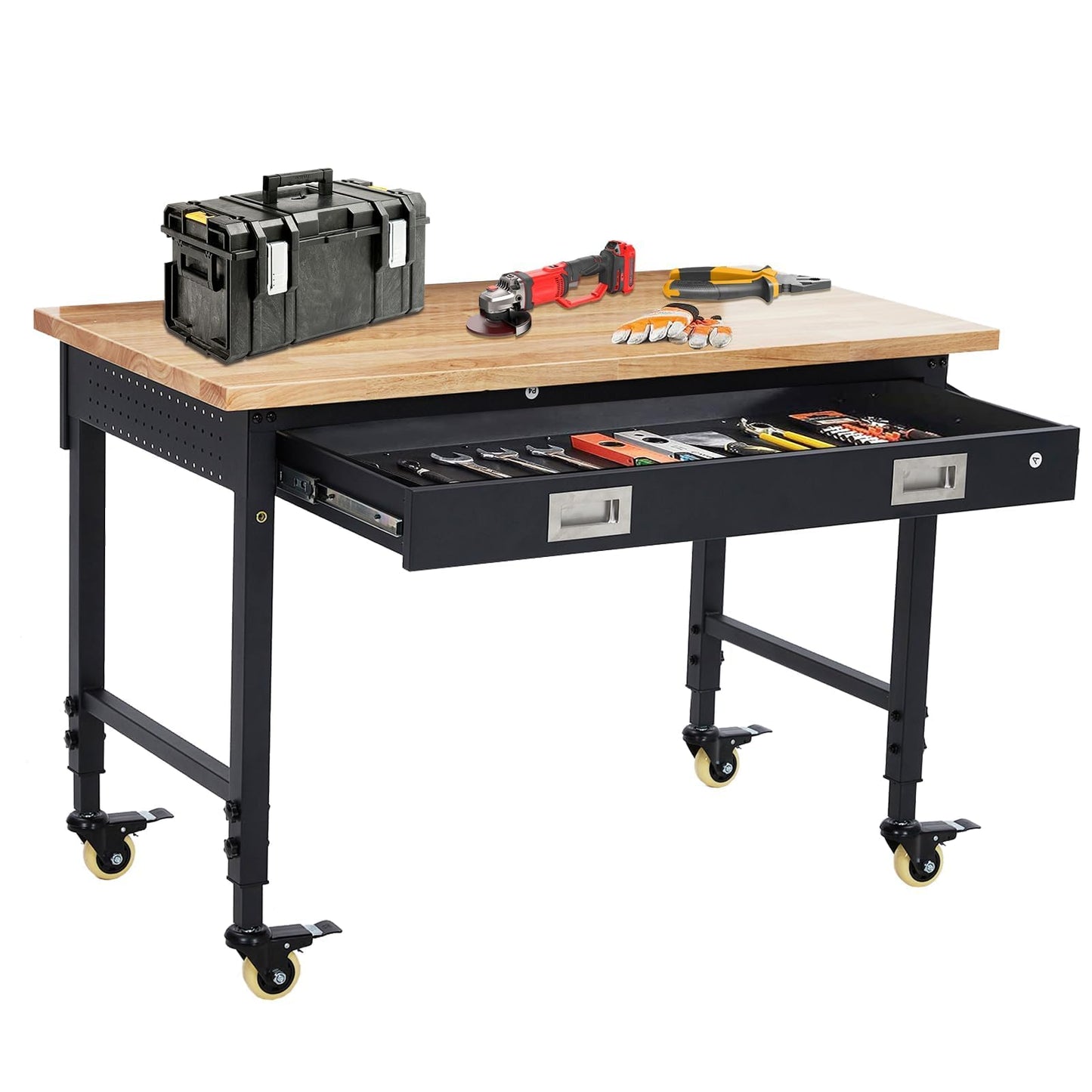 60" Adjustable Workbench with Wheels, Heavy Duty Mobile Work Table, 2000LB Capacity, Hardwood Top, Power Outlets, Rolling Garage Workbench for Workshop, Craft, Office