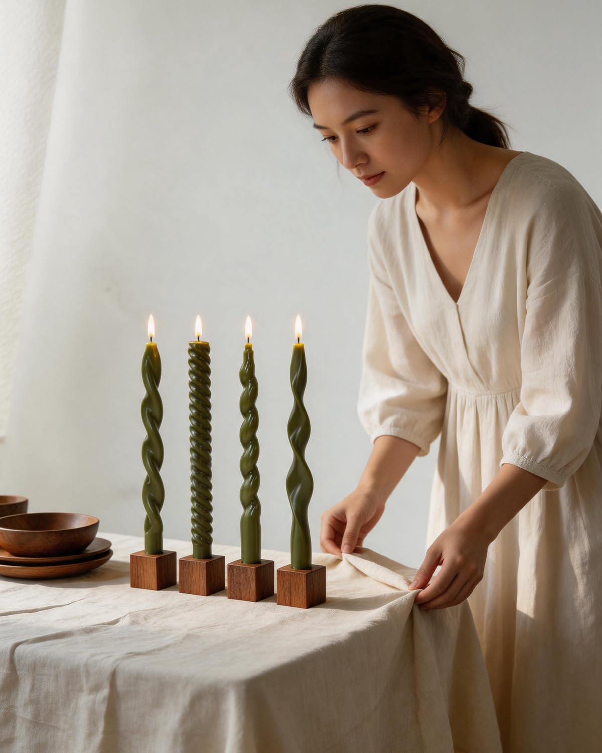 Olive Green Taper Candles Spiral Candlesticks Unscented Smokeless Tall Candles for Wedding Holiday Dinner Party Home Decorative candles-10inch,4pcs