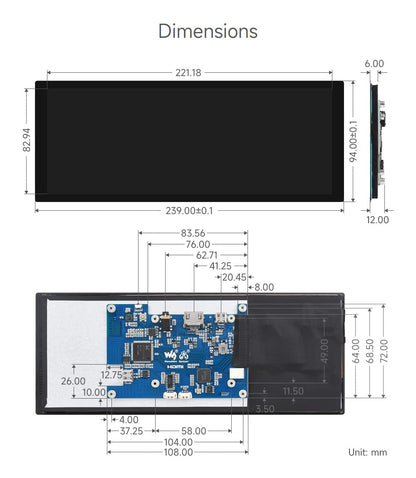 waveshare 9.3inch Capacitive Touch Display, 1600×600 Resolution, Raspberry Pi 5/4B/3B/Zero/Zero W/Zero 2W/Pico/Pico W/Pico WH, Support Jetson Nano/Jetson Orin Nano, Supports Windows 11/10/8.1/8/7