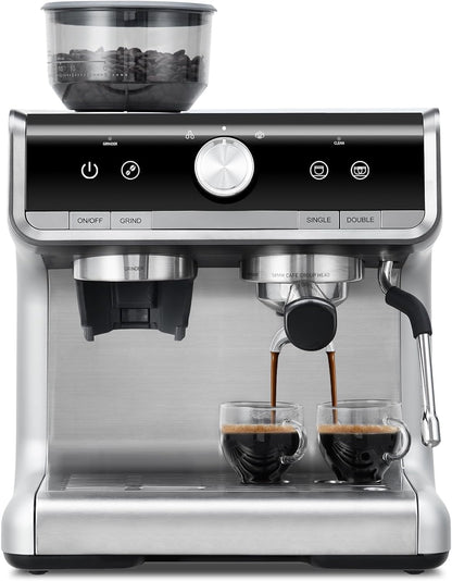 Takywep Semi-Automatic Espresso Machine - 1450W/20 Bar, 30 Grinder Settings, Fast Heating, Milk Frother Steam Wand, Home & Hotel Use, Silver
