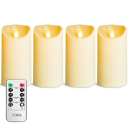 YIWER Plastic Flameless LED Candles,Pack of 4 Battery Operated Candle with 10 Key Remote Control Electric Fake Flickering Light Ivory Pillar D3”H6”