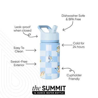 Simple Modern Kids Summit Water Bottle with Straw Lid | Bluey 14oz Stainless Steel Cup Insulated Tumbler for Toddlers, School| Bluey Checkmate