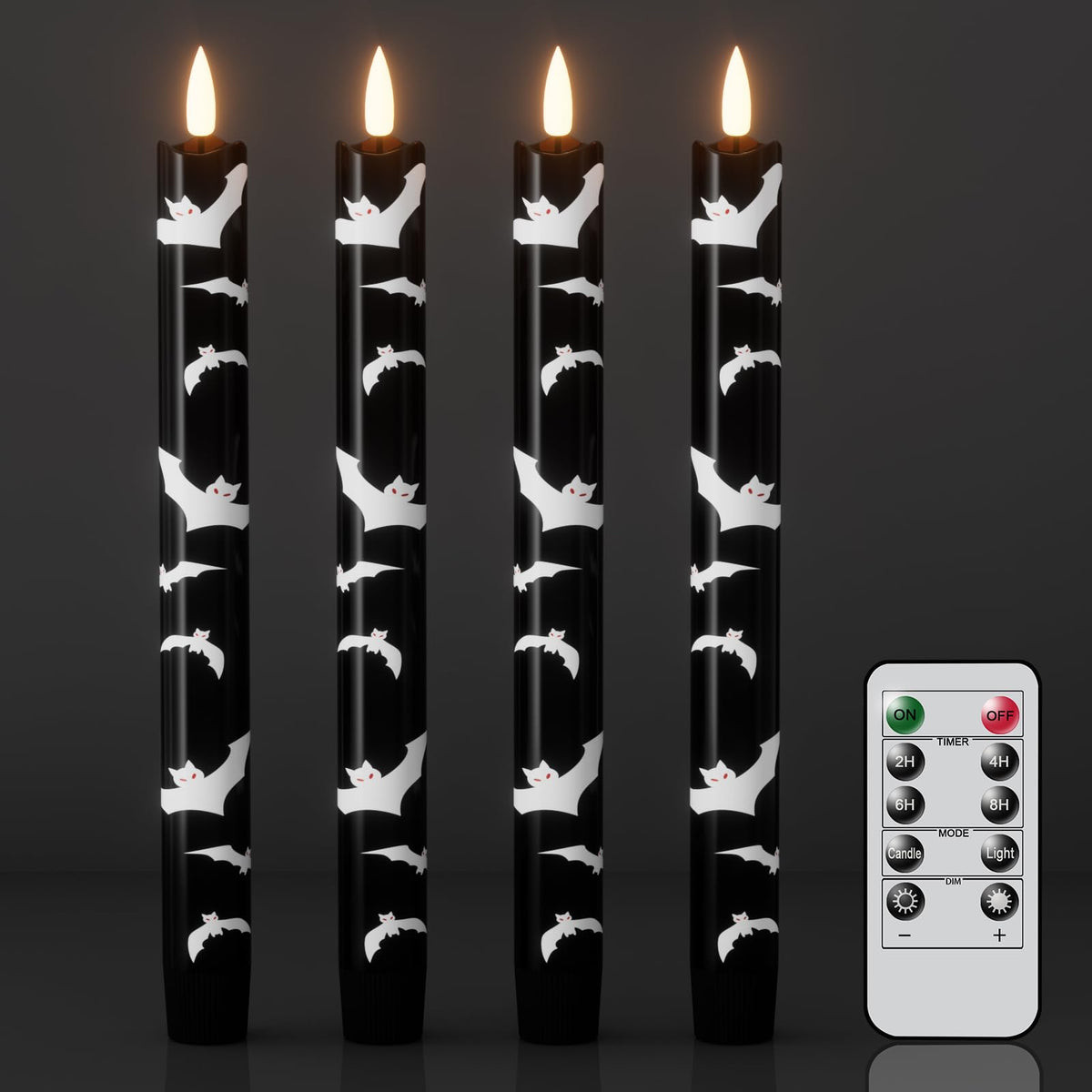 Wondise Black Halloween Flameless Taper Candles with Remote & Timer, Halloween Battery Operated Candles with Bats Decals Waxy 3D Wick Flickering for Halloween Decorations