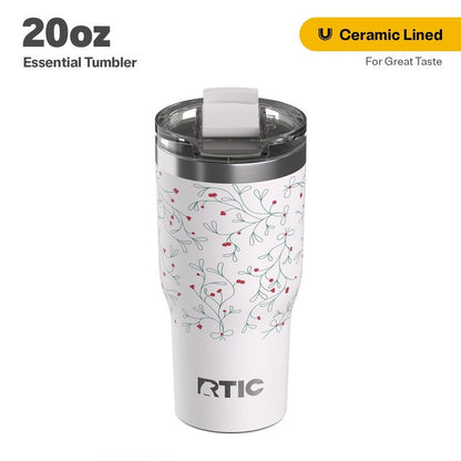 RTIC 20oz Essential Tumbler with Lid, Ceramic Lined, Insulated, Stainless Steel, Metal, Double Wall Vacuum-Insulation, Travel Cup for Iced Coffee, Tea, Hot and Cold Drink, Mistletoe